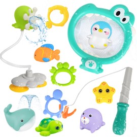 Baby Badespielzeug, 12 Stück Badewannenspielzeug Baby Angeln Spielzeug mit Kinderangel Fischernetz und Spritztiere, Schwimmbad Badewanne Bad Spielzeug Angelspiel Wasserspielzeug für Kleinkinder