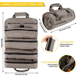 Tool Organizer Bag Foldable Roll Up Heavy Duty with 2 Detachable Pockets Tool Bag Gift for Dad Men Birthday Father's Day Gray