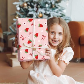 WRAPLULU Pink Bow Strawberry Wrapping Paper - 4 Jumbo Sheets, 28 * 40 Inches - Ribbon Bow Floral Gift Wrapping Paper, Perfect for Girls Birthdays, Baby Showers, Christmas, Weddings, Valentine's Day