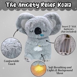 GwaOery Breathing Teddy Anxiety Bear - Koala Anxiety Relief Sensory Plush, Sleep Buddy Soothing Stress Toys with Calming Music Lights for Baby Kids Adults Gifts 4-Level Adjustable Volume (Grey)