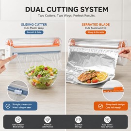 Refillable Magnetic Plastic Wrap Dispenser with Cutter, 2 in 1 Food Foil & Cling Film Dispenser for Aluminum Foil, Tin Foil, Plastic Wrap, Wax Paper, Baking Paper, Fits 12" Rolls (White)