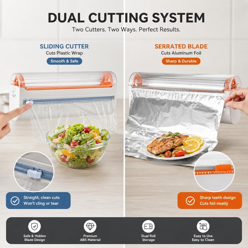 Refillable Magnetic Plastic Wrap Dispenser with Cutter, 2 in 1