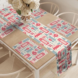 Ambesonne London Table Runner & Placemats, Popular British Culture Elements Retro Colors Flag Patterned Hearts, Set for Dining Table Decor, Placemat 4 pcs + Runner 16"x72", Coral Bluegrey