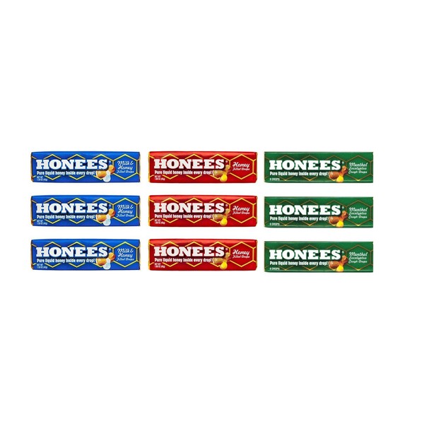 Honees Drops 3 Flavor Variety, 3 each: Milk, Menthol, Honey Filled (9 Pack)