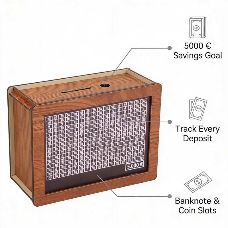 Wooden Money Saving Box for Personal Savings Goals – Reusable