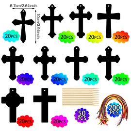 Scratch Cross Ornaments Magic Rainbow Color Craft Kit DIY Scratch Paper Christian Gifts for Kids Sunday School Crafts Kids' Paper Craft Kits for Girls Boys, with Wood Sticks and Ribbons (80)