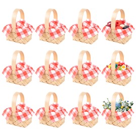 NeusWonder 12 PCS Mini Woven Wooden Baskets with Handles Includes 20 Red Plaid Napkins Mini Dollhouse Wood Chip Baskets Tiny Flower Candy Container for Wedding Party Favors Tree Hanging Ornaments