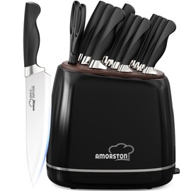 Amorston Knife Set, 14 Pcs Kitchen Knives Block Set for Mirror Blade Design, German Stainless Steel Knife Sets with Sharpening Stone, Dishwasher Safe Perfect Holiday Gifts for Kitchen, Black