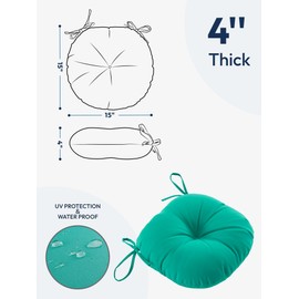 ZEOLABS Bistro Chair Cushions,15 inch Waterproof Tufted Outdoor Round Chair Cushions with Ties for Patio Furniture,Set of 2,Teal