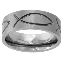 Sabrina Silver 8mm Titanium Christian Fish Wedding Band Ichthys Ring Flat Comfort Fit Size 12.5
