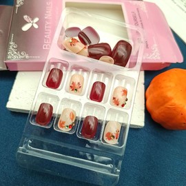 Thanksgiving Press on Nails Short Square Fake Nails with Maple Leaves Rhinestones Designs Fall Nails Press ons Glossy Glue on Nails Burgundy Acrylic Nails Red Stick on Nails for Women 24Pcs