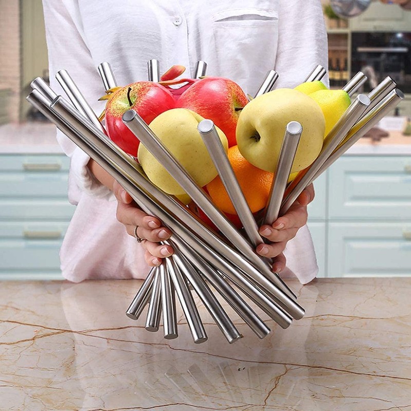 pobowlgarls Fruit Basket, Silver Creative Collapsible Stainless Steel Fruit Basket