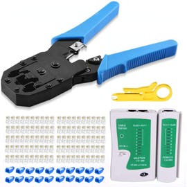 Gaobige rj45 Crimp Tool Kit, Cat5 Cat5e Crimping Tool with 100pcs rj45 Cat5 Connectors, 20pcs rj45 Cat5e Connector Covers, Cable Tester, Network Wire Stripper