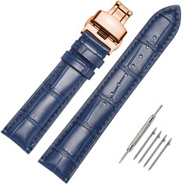 Moran Quick Release Leather Watch Bands Deployment Butterfly Buckle Calfskin Replacement Watch Strap for Men & Women, Blue-Rose Gold Buckle, 20mm