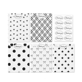 MOOCA 200 Pcs 5 Variety Prints Paper Gift Bags with Stickers, Jewelry, Cookie & Candy Buffet Bags, Treat Bag, Color: Black and White, 5W x 7H in