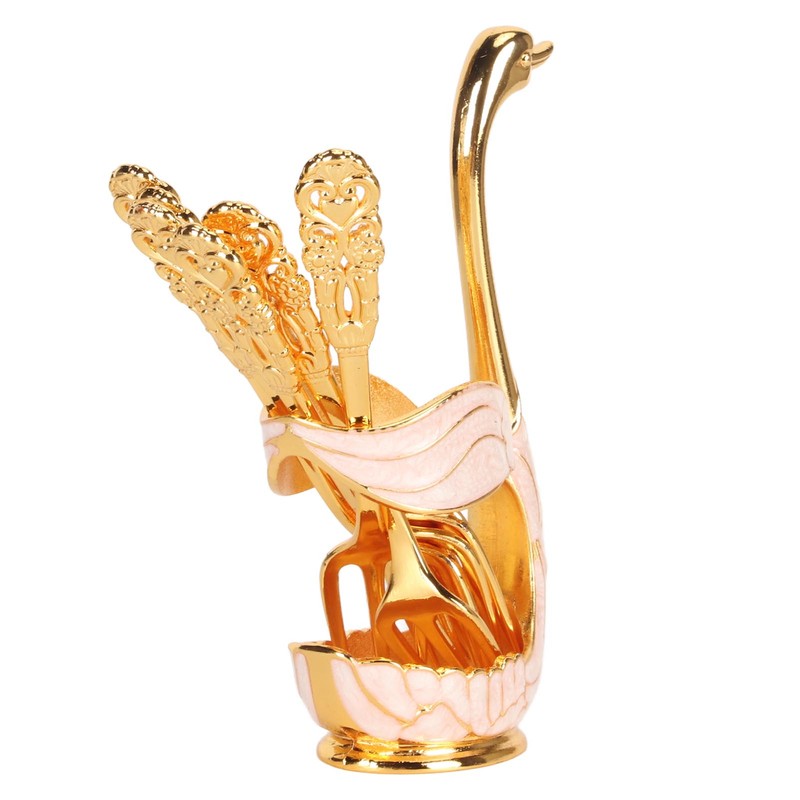 6Pcs Coffee Dessert Fork Set Metal Swan Base Holder Dessert