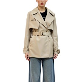 Lucidy Women's Classic Short Khaki Trench Coat - Belted Double - Breasted Lapel Jacket (US, Alpha, Medium, Regular, Regular)
