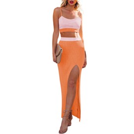 Cutiefox Skirt Sets for Women Knitted Crop Top Side Slit Midi Skirt 2 Piece Sweater Dress Colorblock Orange S