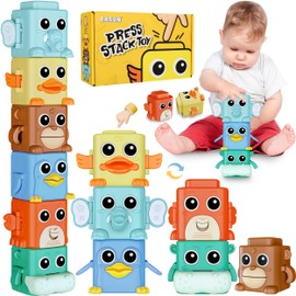 BASUN Stacking Toys Set for Toddlers 18+ Months, 6 in 1 Infant Sensory Toys with Changing Expressions, Pressable Animal Stacking Blocks, Christmas Birthday Gifts for 1 2 3 4 Years Old Baby Boys Girls