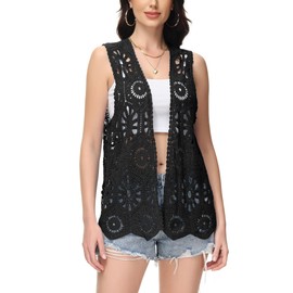 Anna-Kaci Crochet Vest Sleeveless Boho Lace Cardigan Stylish and Cute Cover Up, X-Large, Black