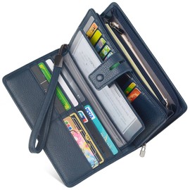 Women's Big Fat Rfid Blocking Leather Clutch Wallet Organizer Checkbook Holder (Navy Blue)