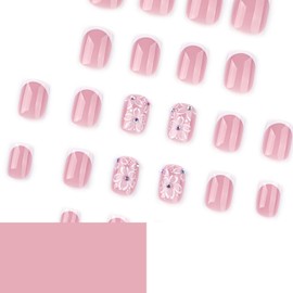 Short Square Press on Nails French Tip Fake Nails with White Flower designs Stick on Nails Rhinestones False Nails Full Cover Glossy Glue on Nails Summer Stick on Nails for Women 24Pcs