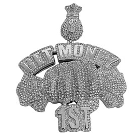 Huge "Get Money 1st" Cash Fist Jumbo Hip Hop Pendant Iced Flooded Out Silver Tone Bling Charm