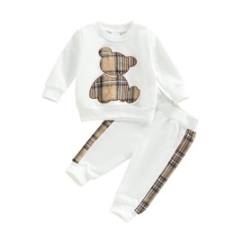 Loalirando Newborn Baby Boys Girls Fall Outfits Long Sleeve Plaid Bear Pattern Pullover Sweatshirt Tops Elastic Pants Set 2 Piece Sweatsuit Clothes (White, 0-3 Months)