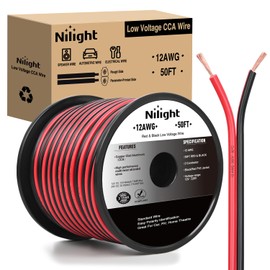 Nilight 50FT 12AWG Copper Clad Aluminum Wire 12/2 Gauge Red Black CCA Electrical Cable 2 Conductor Parallel 12V/24V DC Flexible Extension Cords for Car Audio Radio Speaker Amplifier