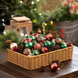 Valery Madelyn Christmas Baubles Pack of 35 5 cm Shatterproof Christmas Tree Baubles with Hanger, Plastic Christmas Decoration Country Road Theme Red Green Gold