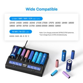 8 Bay18650 Battery Charger,XTAR VC8(VC4+VC4S) USB C 21700 Smart Speedy Charger for Rechargeable Li-ion IMR Ni-MH Ni-Cd AA AAA C 16340 26650 14500 18650 with 18W Adapter