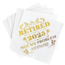 Retired 2025 Cocktail Napkins, 50 Pack 3-Ply Retirement Party Decorations Supplies, White & Gold Disposable Napkins for Farewell,Coworker Goodbye & Going Away Celebration (5"x5")