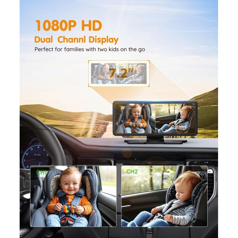 Babyvue Baby Car Dual Cameras 7.2" 1080P HD Display Split-Screen