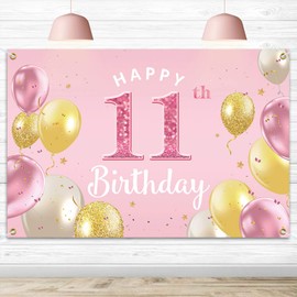PAKBOOM Happy 11th Birthday Backdrop Banner - 11 Birthday Party Decorations Supplies for Girls - Pink 3.9 x 5.9ft