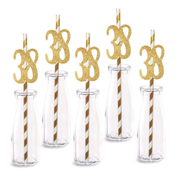 38th Birthday Paper Straw Decor, 24-Pack Real Gold Glitter Cut-Out Numbers Happy 38 Years Party Decorative Straws