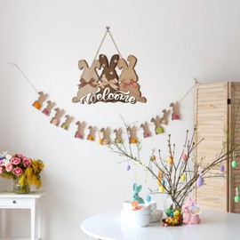 Barydat Easter Bunny Wreaths for Front Easter Door Sign Bunny Welcome Hanging Sign Rabbit Door Hanger Easter Wood Door Wreath Easter Decorations for Home Outside Farmhouse Indoor Wall Decoration