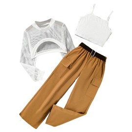 OYOANGLE Girl's 3 Piece Outfits Crop Cami Top and Belted Cargo Pants Set with High Low Hem Mesh Shirt White Brown 10Y