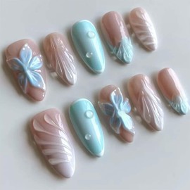 ONPRESS 30Pcs Summer Ocean Press on Nails Medium Almond Fake Nails with Seashells Flower Gold Star Charms Designs Blue French Tip False Nails Gradient White Glue on Nails for Women