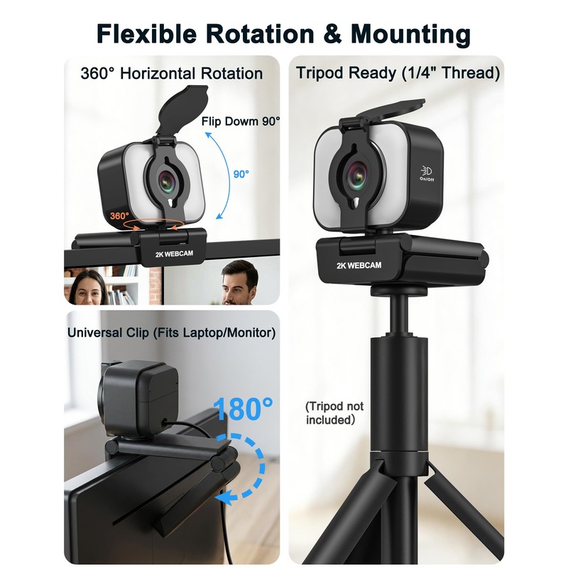 Atatat 2K Webcam for PC with Light, Microphone, Privacy Cover
