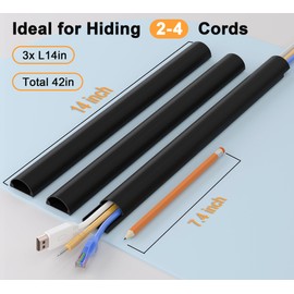 Cord Hider 42.5in (3X L14.2in), Cable Hider for 2-4 Cords, Cord Covers for Wires on Wall, Wire Covers for Cords Wall Mount TV, Cable Cover Wall Wire Hider for Cords, Cable Raceway W1.4inxH0.7in Black