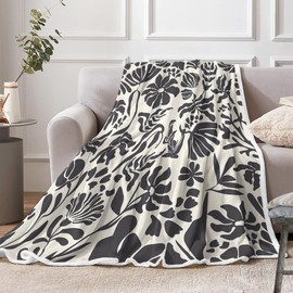 Black and White Retro Floral Blanket, Boho Mid Century Modern Abstract Floral Plants Aesthetic Throw Blanket, Terracotta Cute Cozy Soft Flannel Baby Throw and Blankets Couch Sofa Bed Decor 50"X60"in