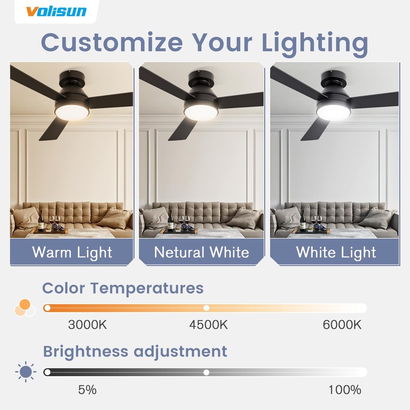 VOLISUN Ceiling Fan with Lights, 42 inch Low Profile Ceiling