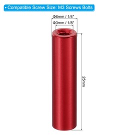 PATIKIL 6pcs M3 Metal Threaded Standoff Spacer Nuts, Round Aluminum Spacers Female Coupling Screws, 1/8" ID x 1/4" OD, Red 3x6x25mm