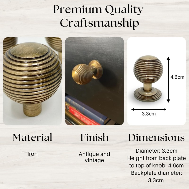 Antique Brass Knobs - Beehive Design - Iron Drawer, Vanity,