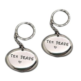 10th Wedding Anniversary Tin Gift. Couples Keyrings Hand Stamped 'Ten Years'