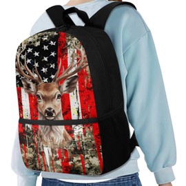 JEOCODY American Flag Hunting Camo Deer Kids Bookbag School Backpack with Lunch Box for Girls, Boys School Bag with Lunchbox and Water Bottle Holder and Pencil Pouch Set of 4 School Supplies
