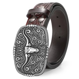 TRIWORKS Western Belt for Men Women Cowboy Engraved Belt Western Buckle Embossed Leather Belt