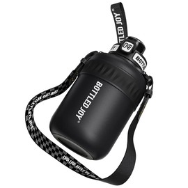 Glug Glug Insulated Stainless Steel Water Bottle for Sports and Travel, BPA-Free,Bottled joy with strap (black, 32 oz)