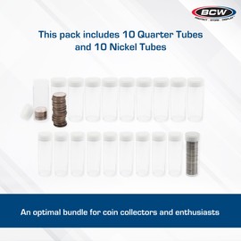 BCW 10ct Nickel and 10ct Quarter Coin Tubes Combo | Plastic Screw-On Cap for Coin Holder Tubes | Long Lasting Protection for Collectible Coins | Secure Sealing Mechanism | Coin Storage Accessories