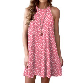 MITILLY Women's Summer Boho Leopard Print Halter Neck Sleeveless A-Line Swing Casual Beach Mini Dress Pink Medium
